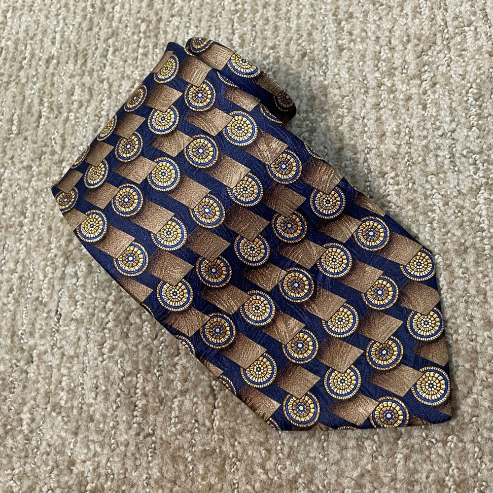 Canali Milano Silk Tie Blue Gold Medallion Pattern Luxury Mens Old Money